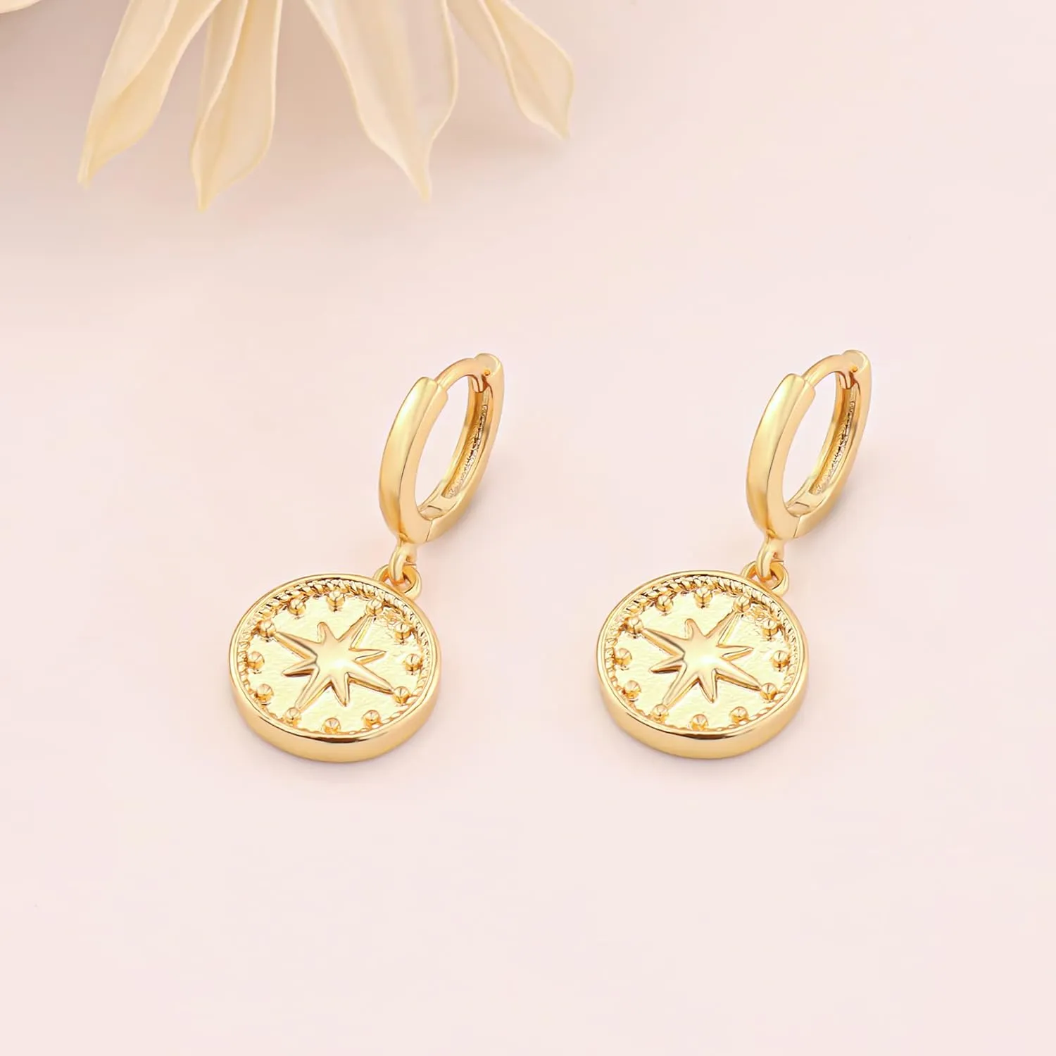SANNYRA Gold Coin Earrings, Gold Huggie Dangle Earrings for Women, 14K Gold Plated Charm Dainty Hoop Jewelry