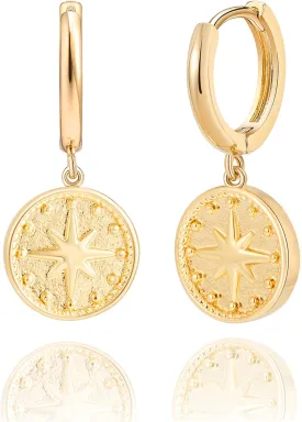 SANNYRA Gold Coin Earrings, Gold Huggie Dangle Earrings for Women, 14K Gold Plated Charm Dainty Hoop Jewelry