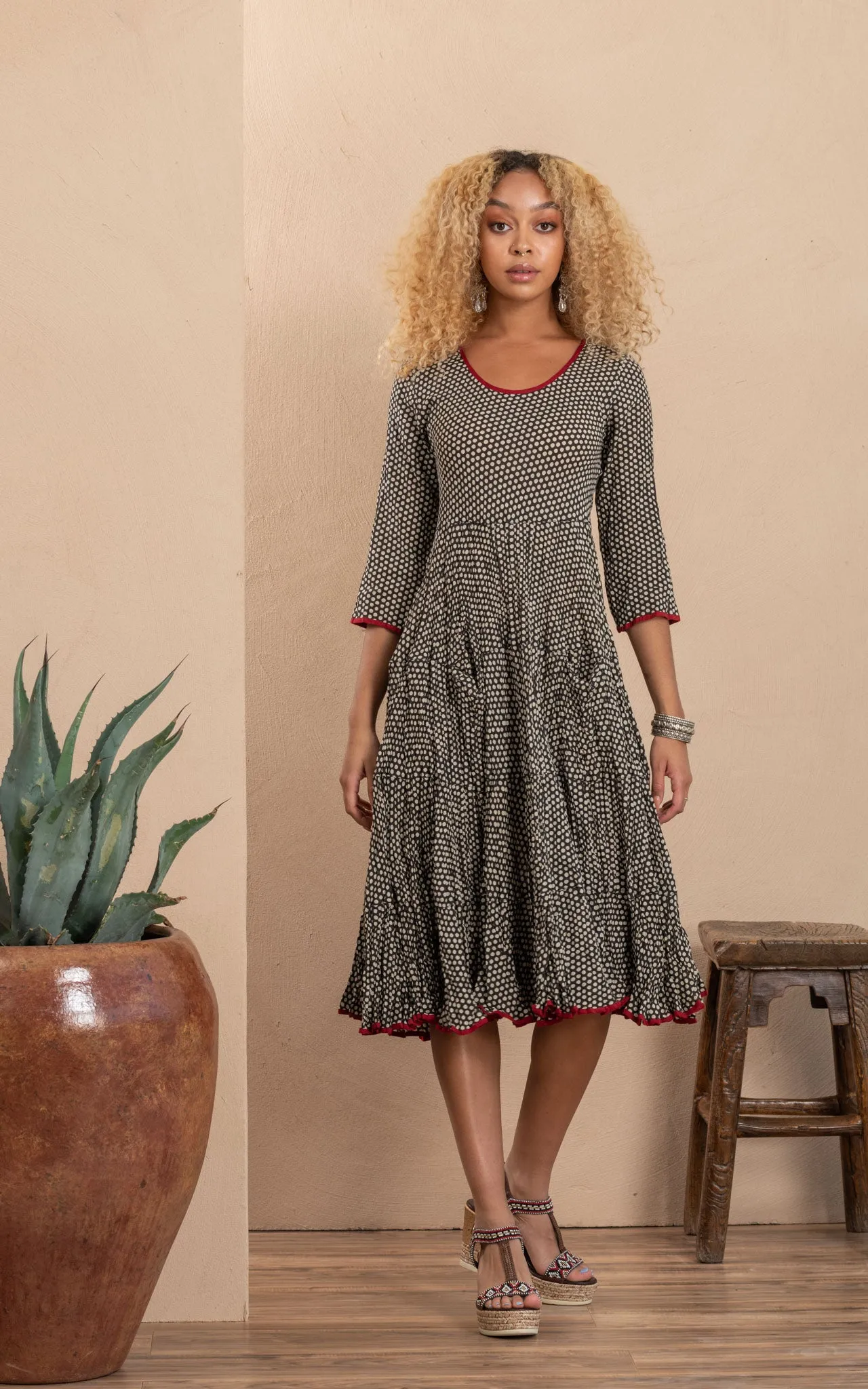 Santa Fe Dress, Long, 3/4 Sleeve, Black Dot
