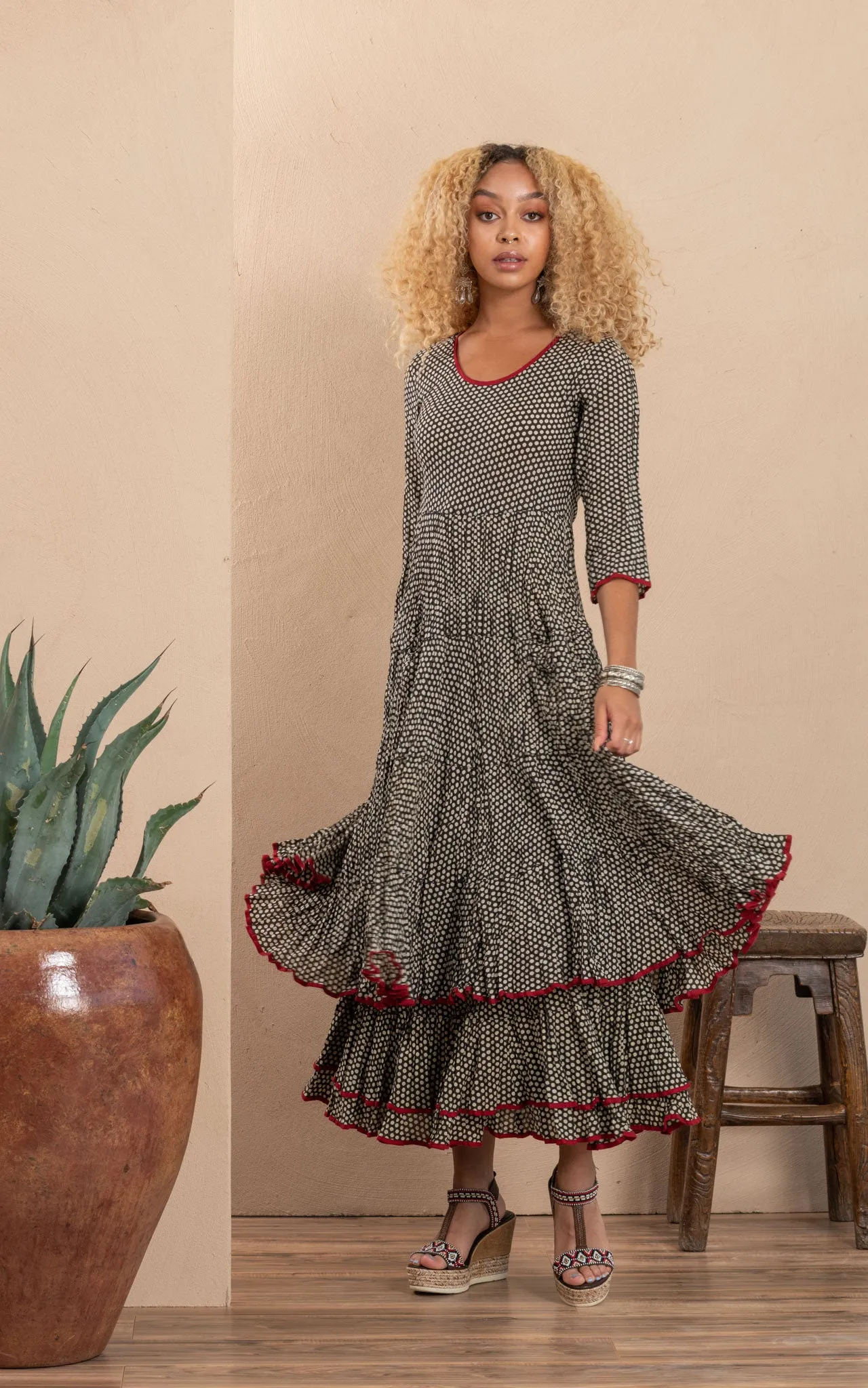 Santa Fe Dress, Long, 3/4 Sleeve, Black Dot