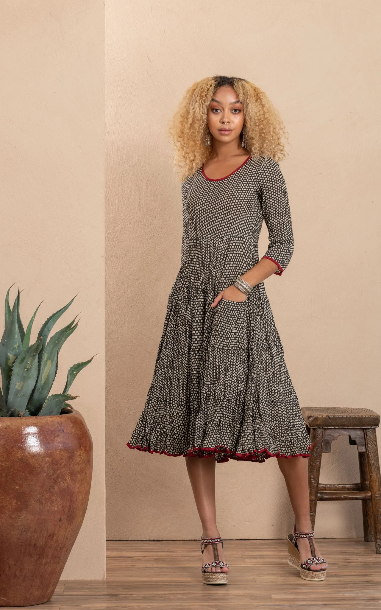 Santa Fe Dress, Long, 3/4 Sleeve, Black Dot