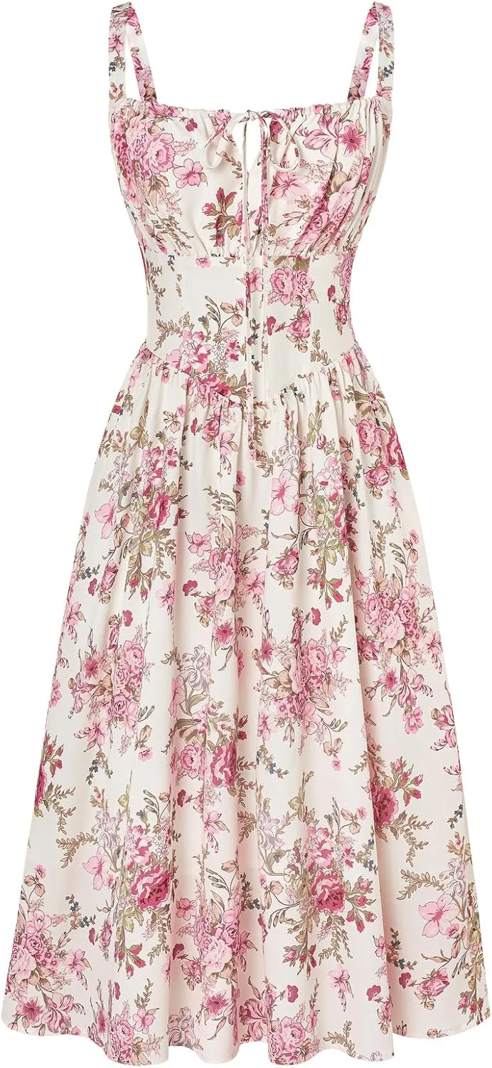 Scarlet Darkness Floral Printed Corset Dress Ruched Bust Cami Dress Flowy Sundress