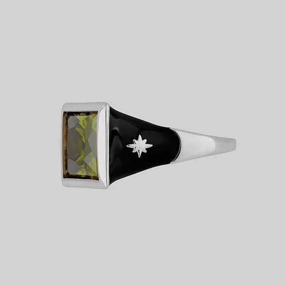 SCARLETT. Green CZ Black Enamel Statement Ring - Silver