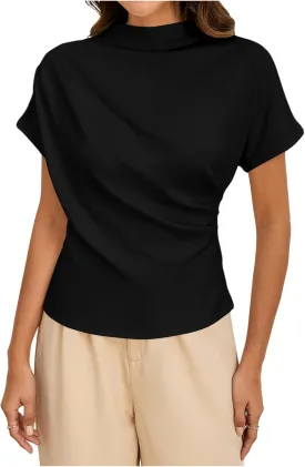 SweatyRocks Women's Casual Short Sleeve Mock Neck Tee Top Asymmetric Ruched Plain T Shirt