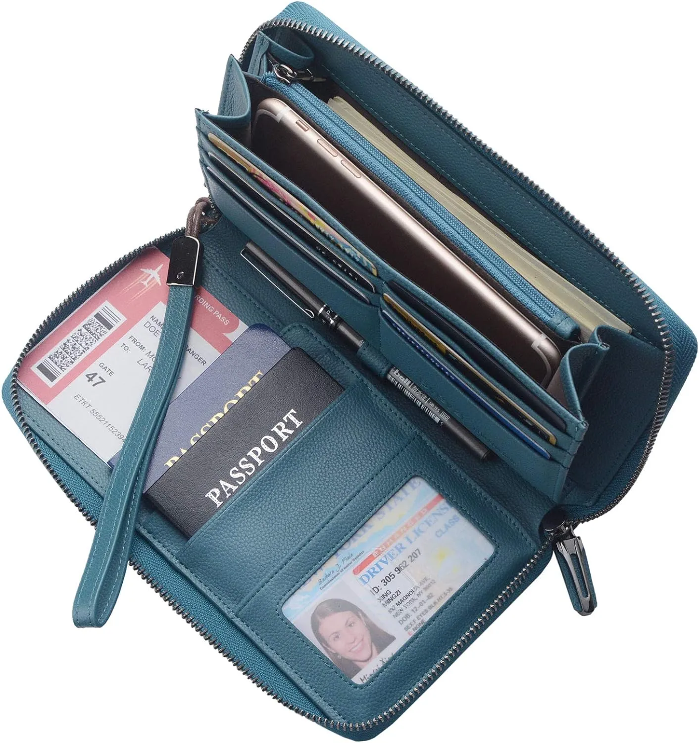Travel Document Organizer RFID Blocking Leather Multiple Passport Wallet Family Holder Id Wrist Strap(Lake Blue)