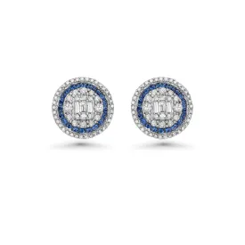 Triple Halo Diamonds & Blue Sapphires Round Shape Studs Earrings (1.00 ct.) in 14K Gold