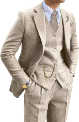 Tweed Herringbone Wool Blend 3 Piece Mens Suit Slim Fit Formal Business Men Suits Party Prom Tuxedo Set Suit Jacket Blazers Vest Pant Beige M