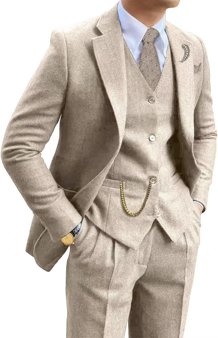 Tweed Herringbone Wool Blend 3 Piece Mens Suit Slim Fit Formal Business Men Suits Party Prom Tuxedo Set Suit Jacket Blazers Vest Pant Beige M