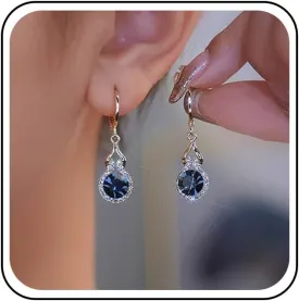 Vintage Halo Sapphire Dangle Drop Earrings - Blue Crystal Wedding Rhinestone Earrings with Gold Cz Leverback Findings