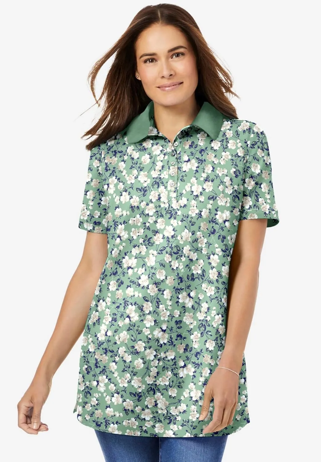 Woman Within Plus Size Perfect Printed Short-Sleeve Polo Shirt