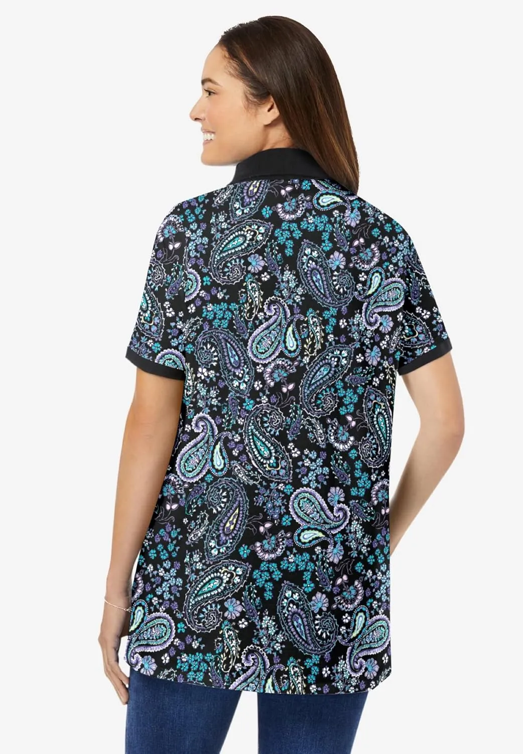 Woman Within Plus Size Perfect Printed Short-Sleeve Polo Shirt