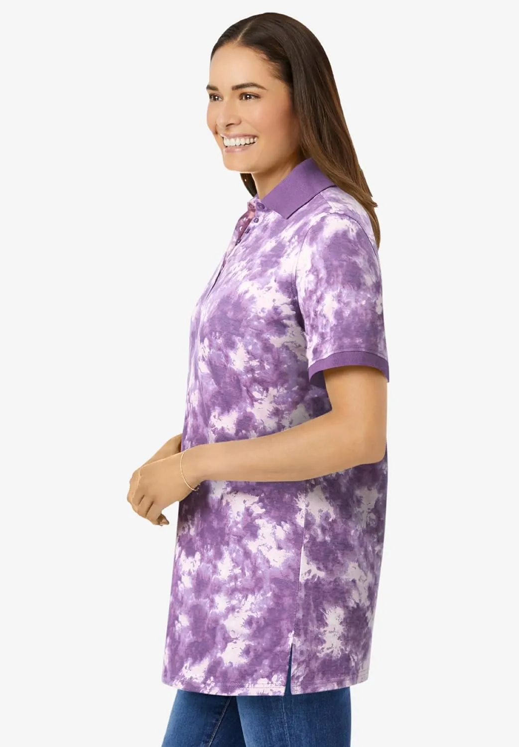 Woman Within Plus Size Perfect Printed Short-Sleeve Polo Shirt
