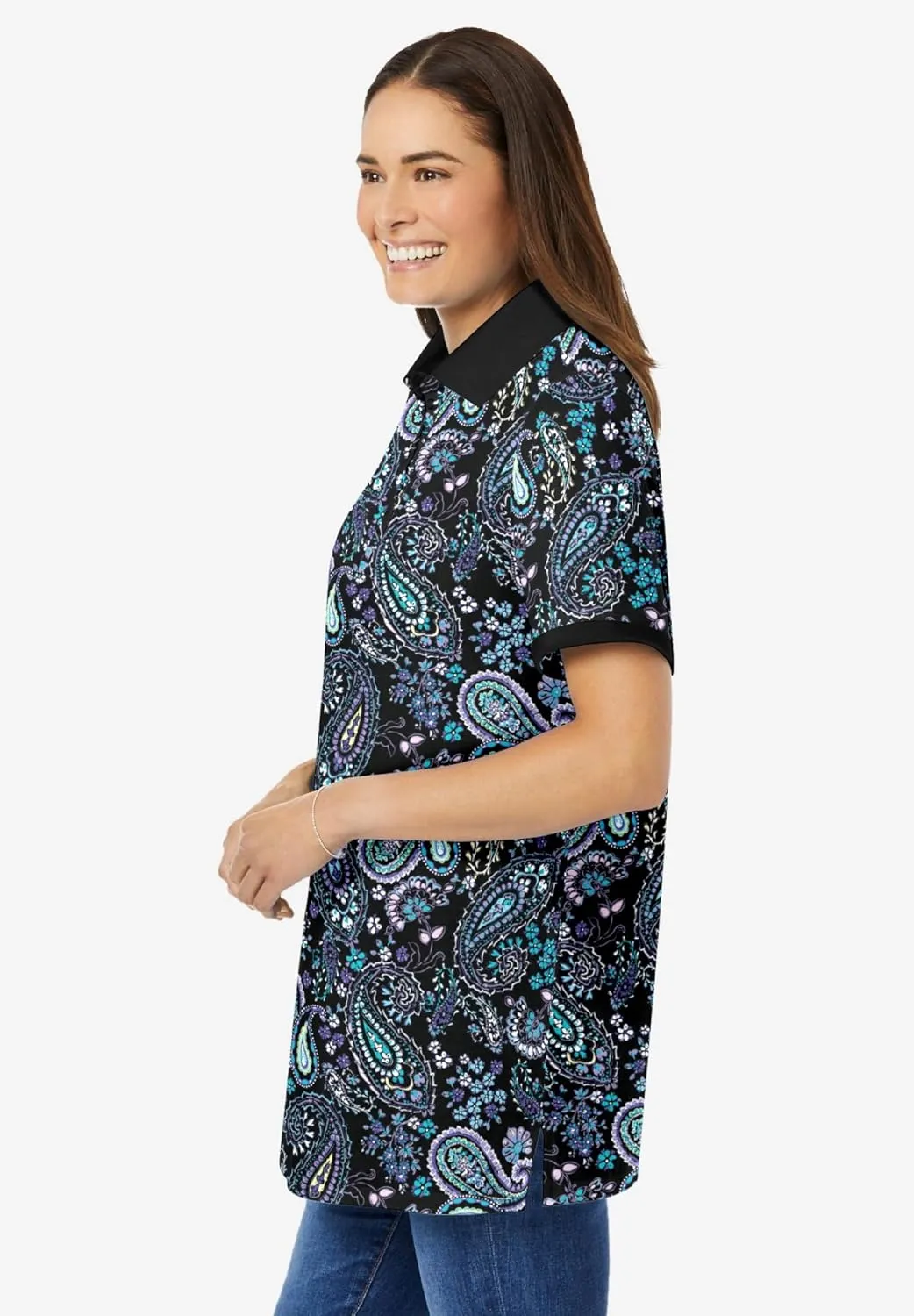 Woman Within Plus Size Perfect Printed Short-Sleeve Polo Shirt