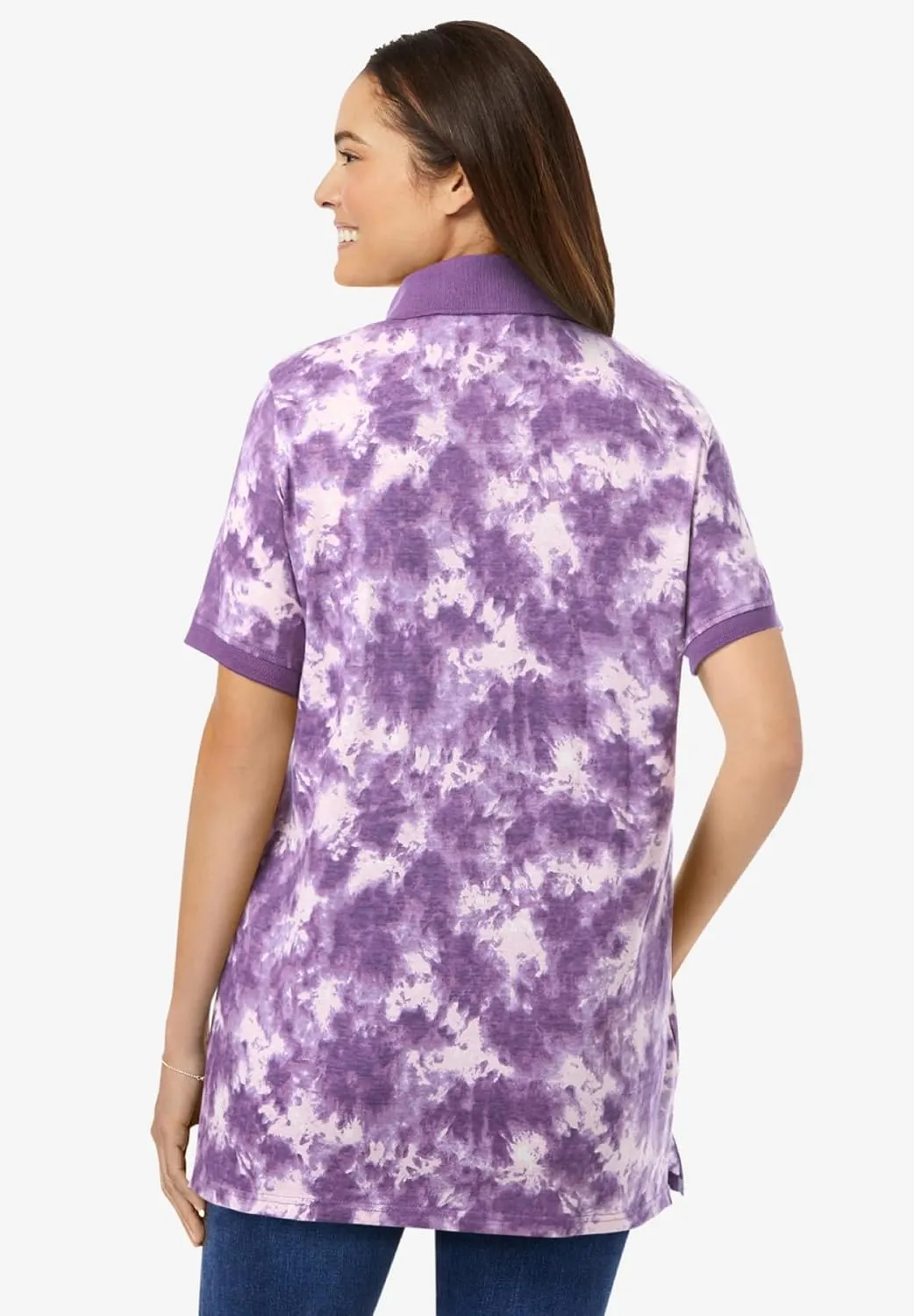 Woman Within Plus Size Perfect Printed Short-Sleeve Polo Shirt