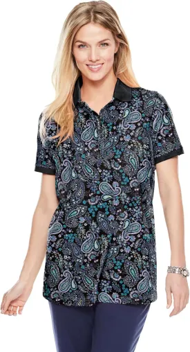 Woman Within Plus Size Perfect Printed Short-Sleeve Polo Shirt