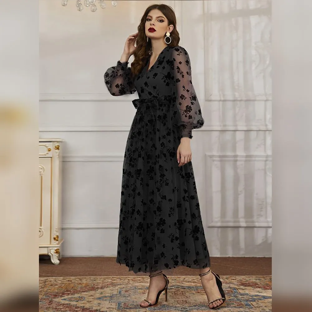 Women Floral Embroidered Maxi Dress Long Puff Sleeve Tulle Prom Dresses Belt V Neck Lantern Long Sleeve Homecoming Dresses