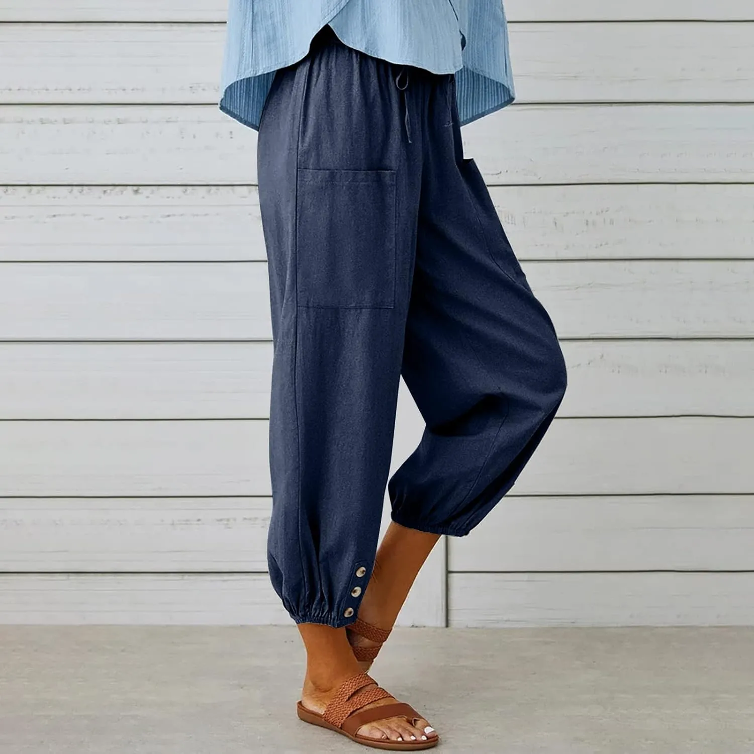 Women's Casual Lantern Tapered Harem Pants Loose Fit Style Flax Ankle Trousers Summer Baggy Slacks with Pocket
