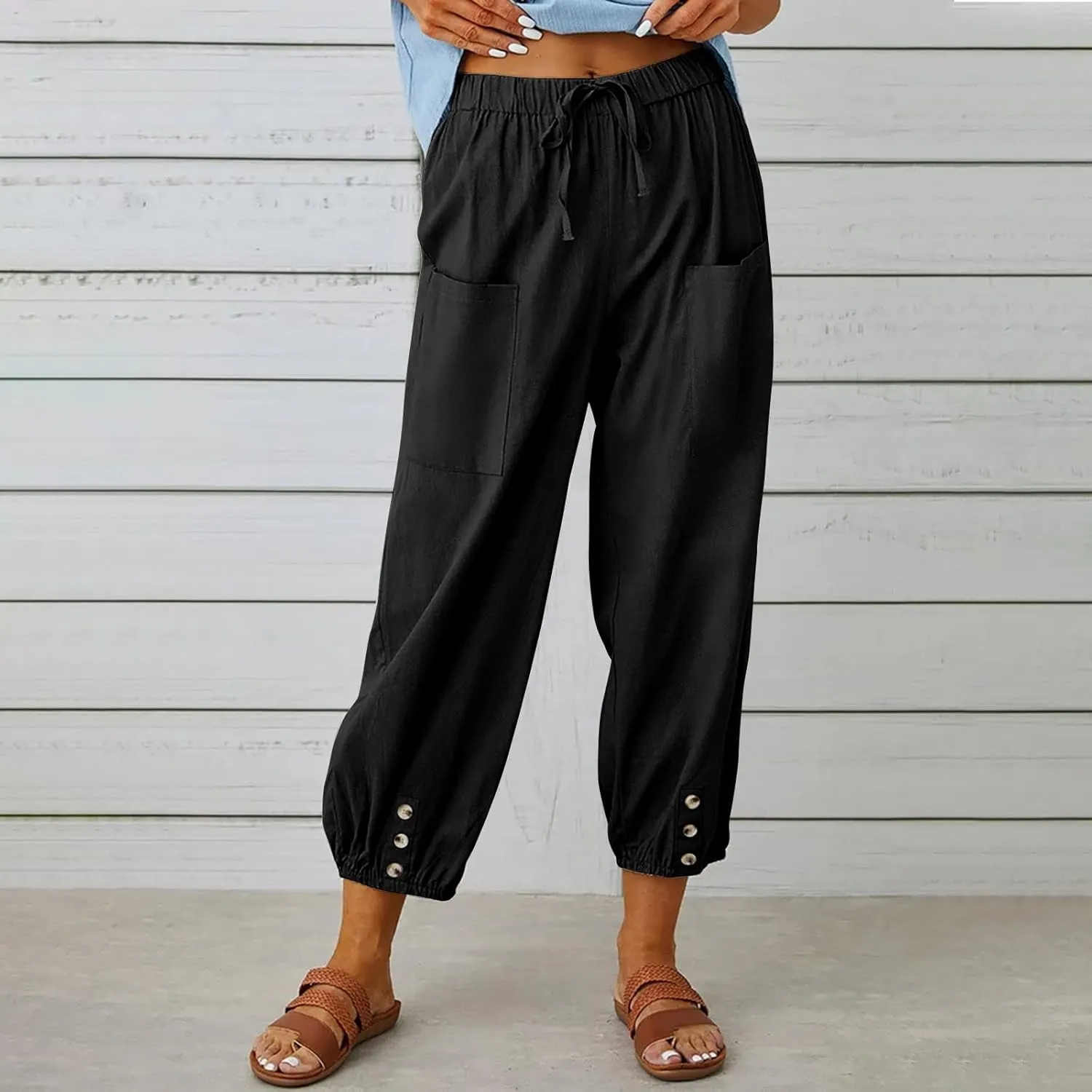 Women's Casual Lantern Tapered Harem Pants Loose Fit Style Flax Ankle Trousers Summer Baggy Slacks with Pocket