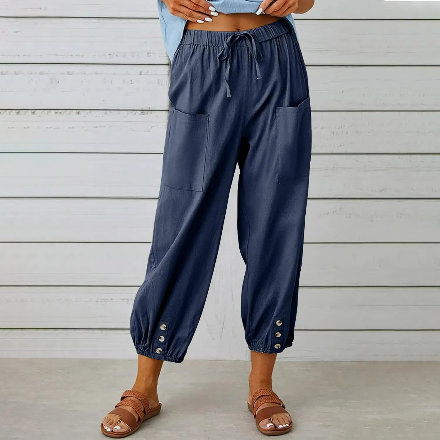 Women's Casual Lantern Tapered Harem Pants Loose Fit Style Flax Ankle Trousers Summer Baggy Slacks with Pocket