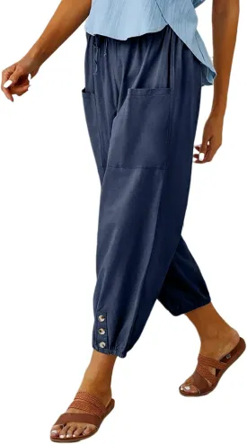 Women's Casual Lantern Tapered Harem Pants Loose Fit Style Flax Ankle Trousers Summer Baggy Slacks with Pocket