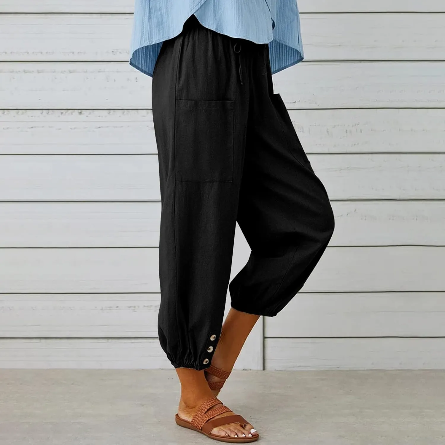 Women's Casual Lantern Tapered Harem Pants Loose Fit Style Flax Ankle Trousers Summer Baggy Slacks with Pocket