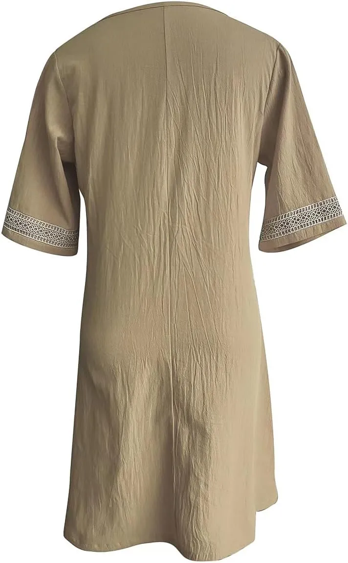 Womens Cotton Linen Midi Dress Casual Loose Half Sleeve Knee Length Dress Solid A-line Lace Trim Summer Beach Dresses