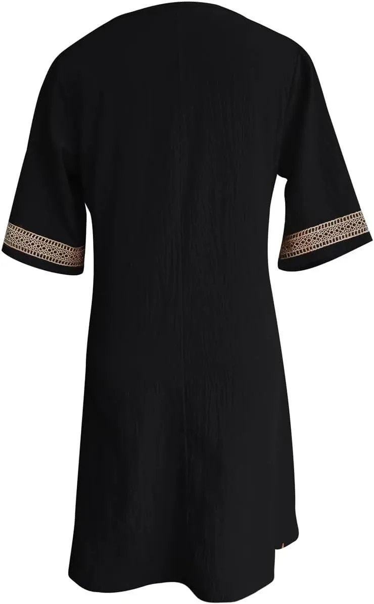 Womens Cotton Linen Midi Dress Casual Loose Half Sleeve Knee Length Dress Solid A-line Lace Trim Summer Beach Dresses