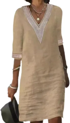 Womens Cotton Linen Midi Dress Casual Loose Half Sleeve Knee Length Dress Solid A-line Lace Trim Summer Beach Dresses