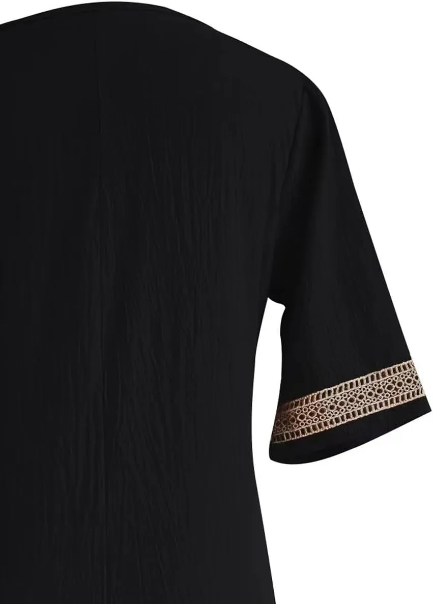 Womens Cotton Linen Midi Dress Casual Loose Half Sleeve Knee Length Dress Solid A-line Lace Trim Summer Beach Dresses