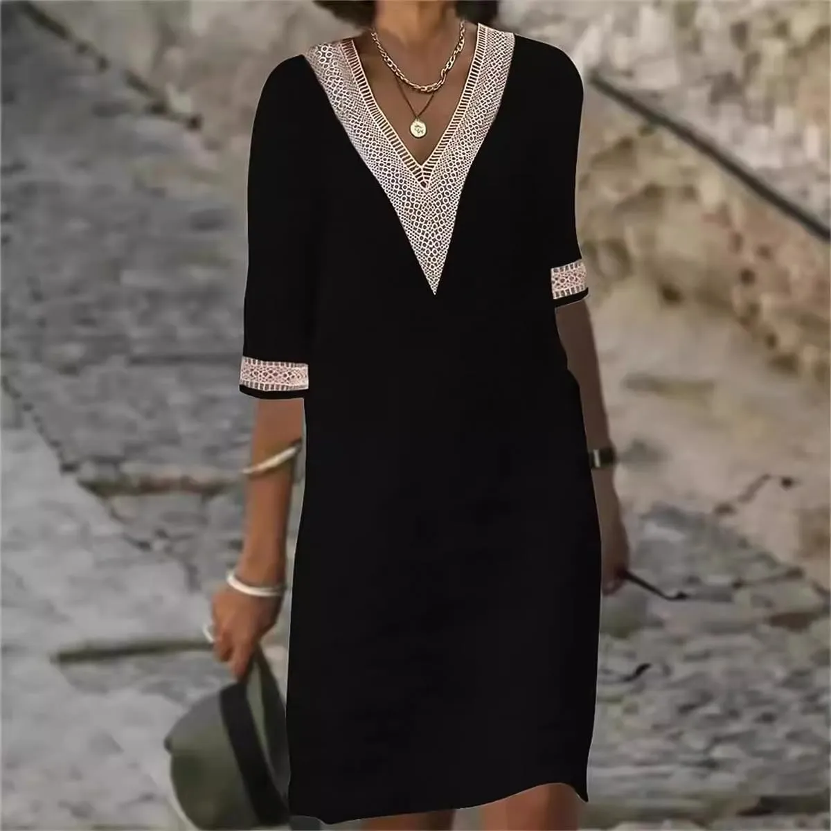 Womens Cotton Linen Midi Dress Casual Loose Half Sleeve Knee Length Dress Solid A-line Lace Trim Summer Beach Dresses