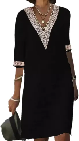 Womens Cotton Linen Midi Dress Casual Loose Half Sleeve Knee Length Dress Solid A-line Lace Trim Summer Beach Dresses