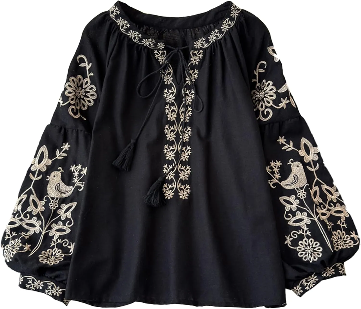 Womens Embroidered Shirt Long Sleeve Peasant Blouse Lantern Sleeve Boho Tops V Neck Loose Lightweight Casual Tunic