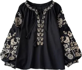 Womens Embroidered Shirt Long Sleeve Peasant Blouse Lantern Sleeve Boho Tops V Neck Loose Lightweight Casual Tunic