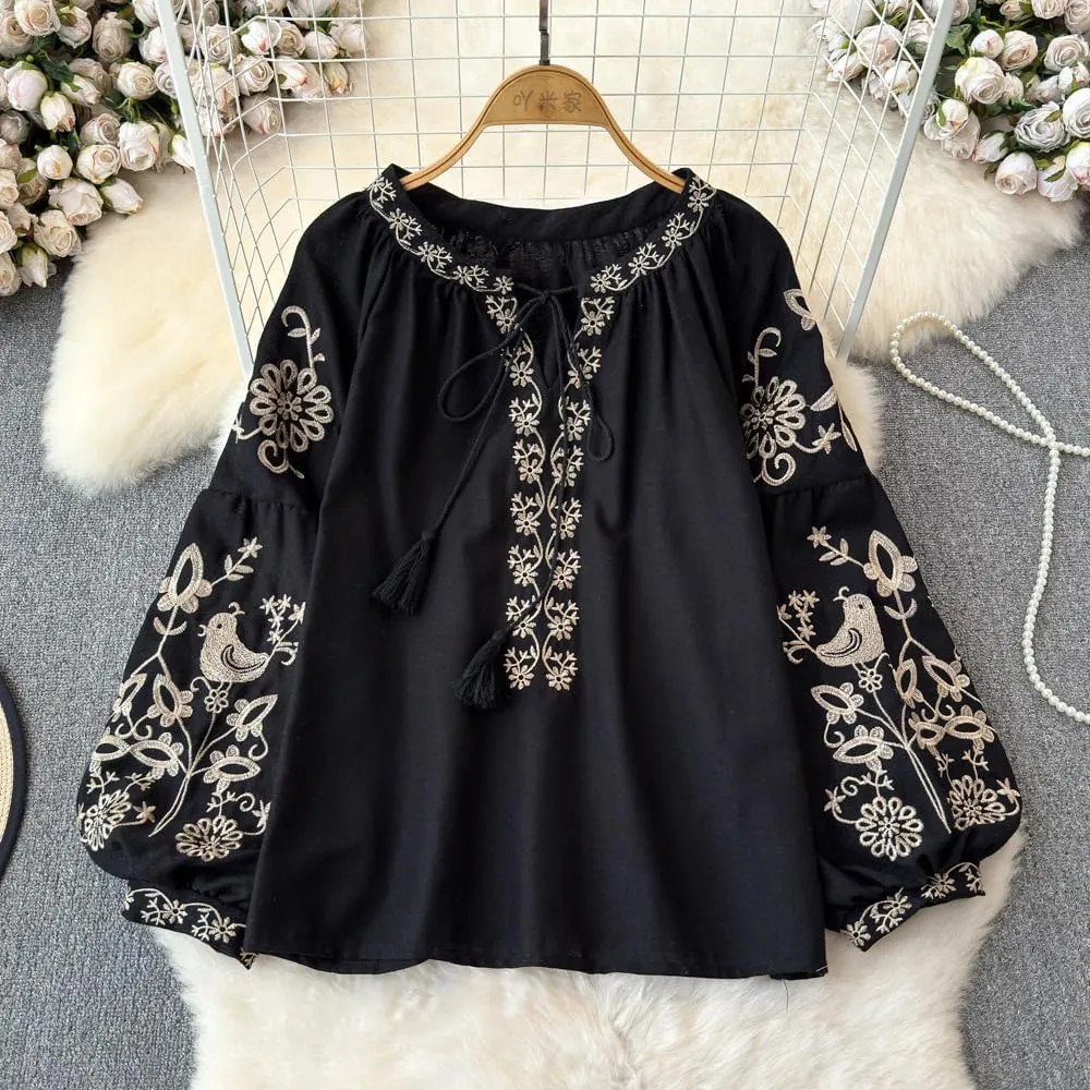 Womens Embroidered Shirt Long Sleeve Peasant Blouse Lantern Sleeve Boho Tops V Neck Loose Lightweight Casual Tunic