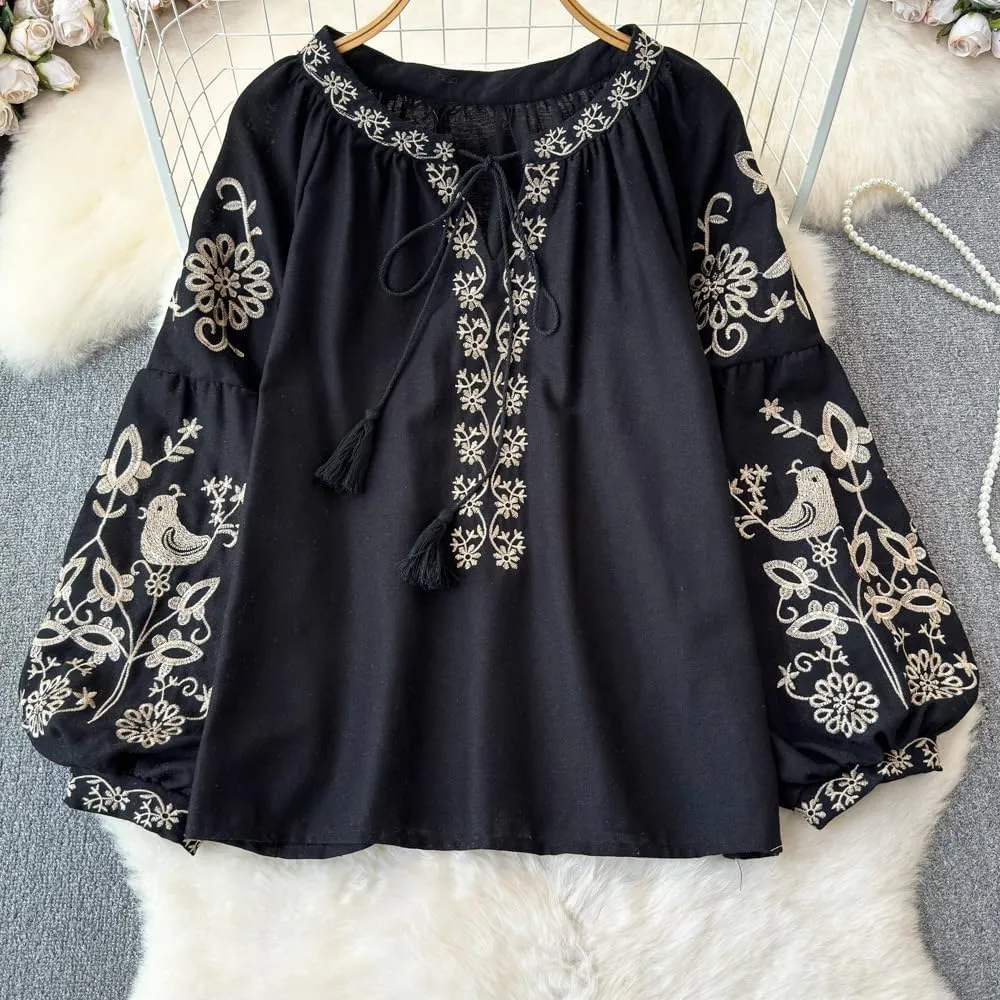 Womens Embroidered Shirt Long Sleeve Peasant Blouse Lantern Sleeve Boho Tops V Neck Loose Lightweight Casual Tunic
