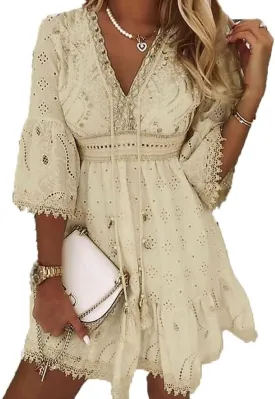 Womens Lace Embroidered Boho Short Dress Ruffle 3/4 Sleeve V Neck High Waist Summer A Line Mini Dresses