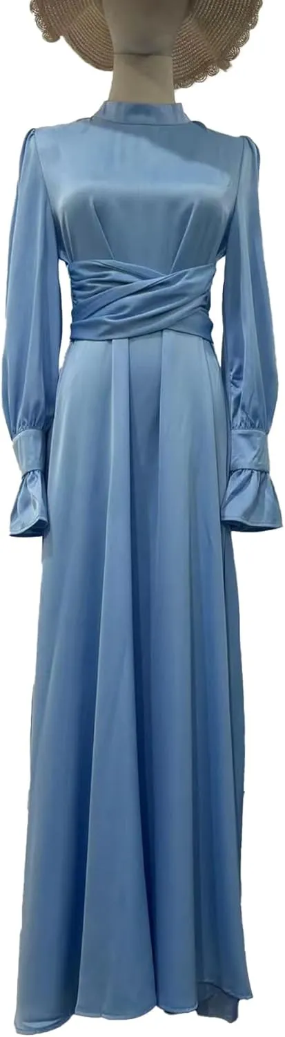 xxxiticat Women's Green Satin Dress Long Lantern Sleeve Mock Neck Puff Shoulder Tie Waist Pleated Cocktail Maxi Slip Dresses
