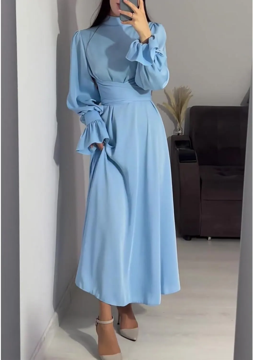 xxxiticat Women's Green Satin Dress Long Lantern Sleeve Mock Neck Puff Shoulder Tie Waist Pleated Cocktail Maxi Slip Dresses
