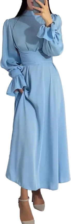 xxxiticat Women's Green Satin Dress Long Lantern Sleeve Mock Neck Puff Shoulder Tie Waist Pleated Cocktail Maxi Slip Dresses