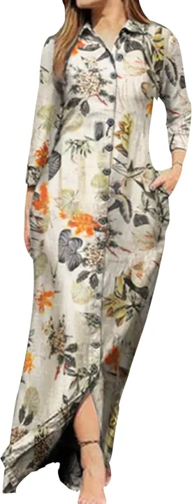 YMING Womens Floral Printed Dresses Long Sleeve Button Down Shirt Dress Lapel Loose Blouse Dress with Pockets